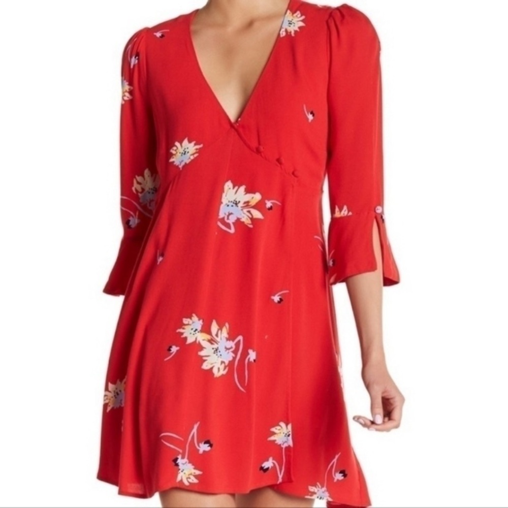 Free People Time On My Side Red Floral Print Wrap Dress - Size Small    dresses - Picture 9 of 9